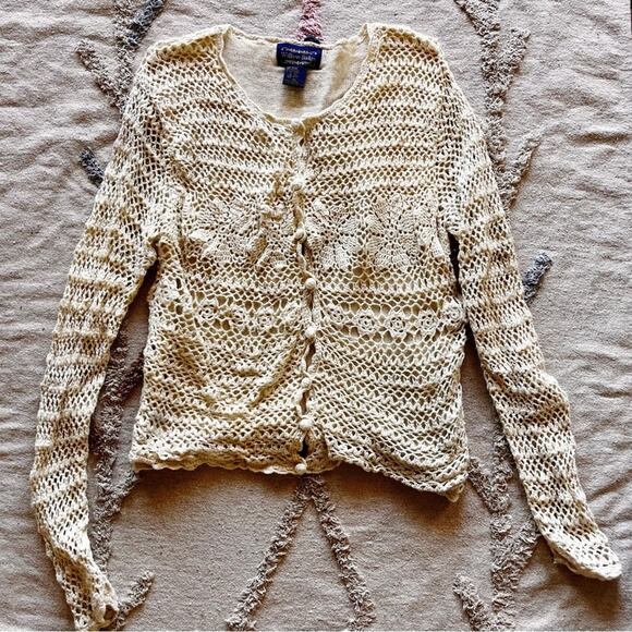 Willow Ridge Sweaters - Vintage Willow Ridge Ivory Crochet Button Front Cardigan Medium Cottage Granny